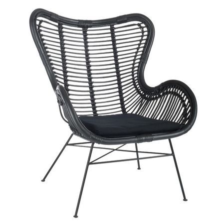 Fauteuil avec coussin rotin et pieds métal noir Bialli