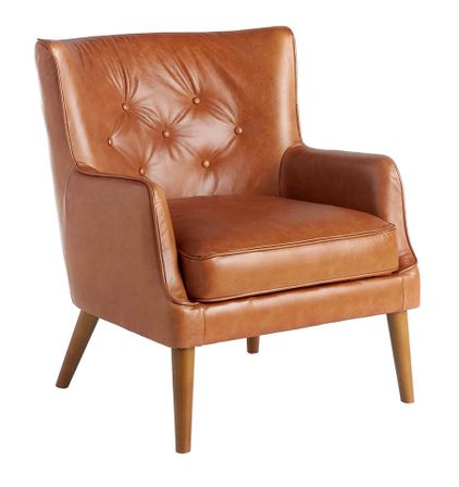 Fauteuil capitonné en bois massif et cuir marron Zania