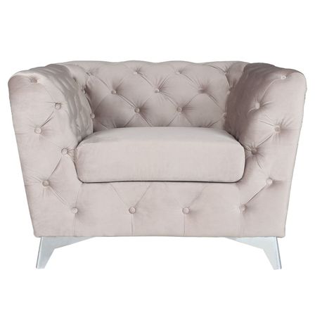 Fauteuil capitonné velours taupe et pieds métal argenté Tosca