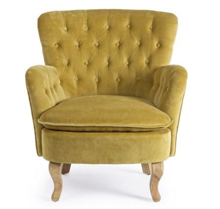 Fauteuil chesterfield ORLINS – Coton matelassé jaune & pieds en bois naturel