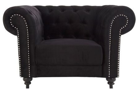 Fauteuil chesterfield tissu et pieds pin massif noir Rayo