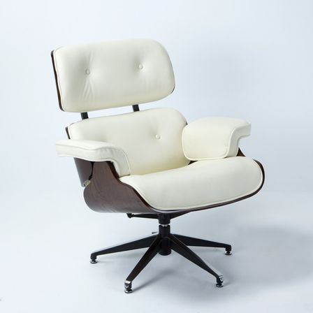 Fauteuil de bureau cuir blanc cassé et bois foncé