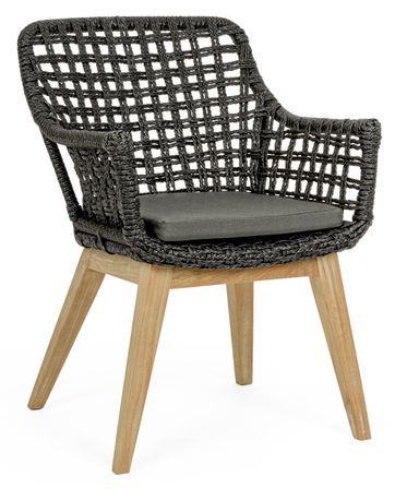 Fauteuil de jardin moderne tressage en corde noir et pieds en bois de teck Dikson - Lot de 2
