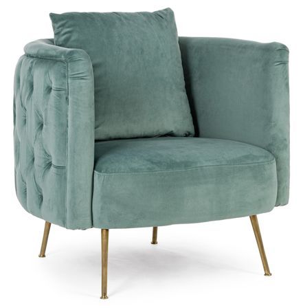 Fauteuil design capitonné vert d'eau et pieds doré Tanka 83 cm