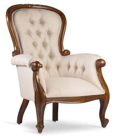 Fauteuil en bois d'acajou marron et assise tissu beige CASTLE - Style colonial