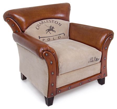 Fauteuil en bois de manguier et cuir marron Charlie