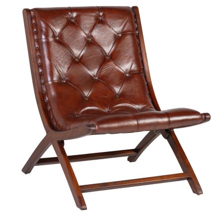 Fauteuil en bois massif vernis et cuir veritable capitonné Kantaro