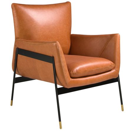 Fauteuil en cuir marron et pieds en acier noir ROXANE