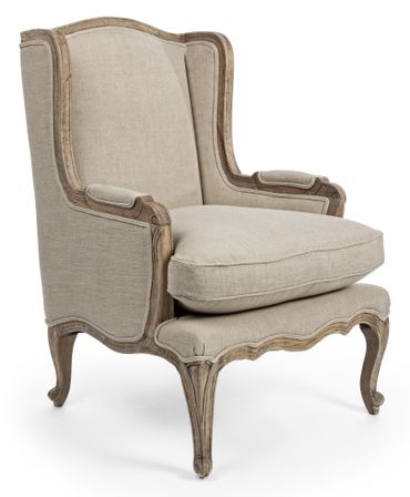 Fauteuil en lin beige et pieds en bois de manguier Mara