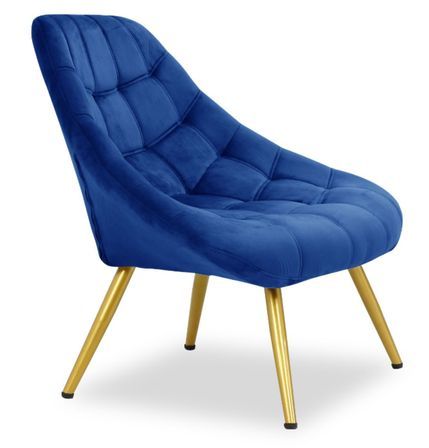 Fauteuil large velours bleu et pieds métal doré Dani