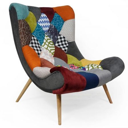Fauteuil patchwork tissu multicolore et pieds bois clair Ulric