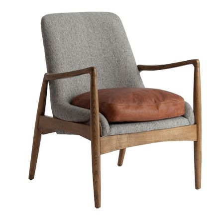 Fauteuil tissu gris coussin cuir marron et pieds pin massif clair Pierig