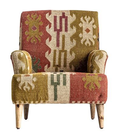 Fauteuil tissu imprimé multicolore et pieds manguier massif Kovet