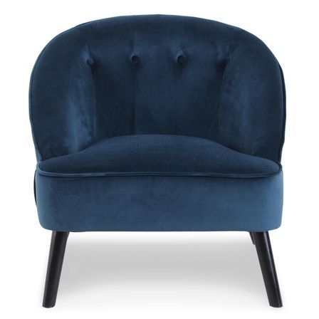 Fauteuil velours bleu et pieds bois noir Sandy