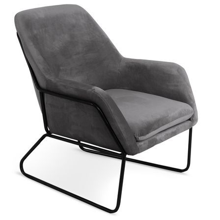 Fauteuil velours gris et pieds métal noir Claude