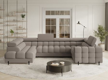 Grand canapé en U en tissu KARBON – Avec fonction lit et coffre