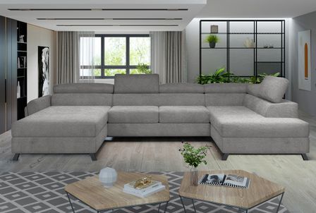 Grand canapé panoramique convertible tissu gris clair avec coffre Konba 370 cm