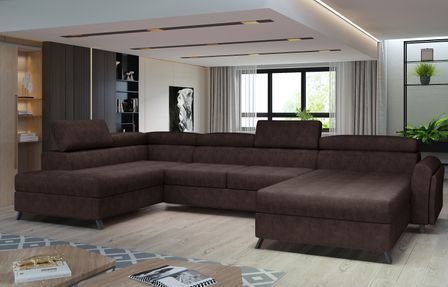 Grand canapé panoramique convertible tissu marron avec coffre Konba 370 cm