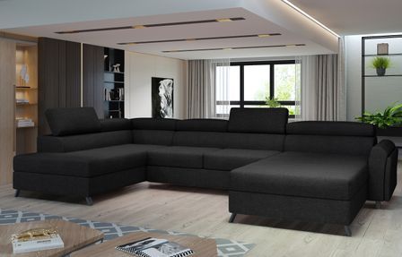 Grand canapé panoramique convertible tissu noir avec coffre Konba 370 cm