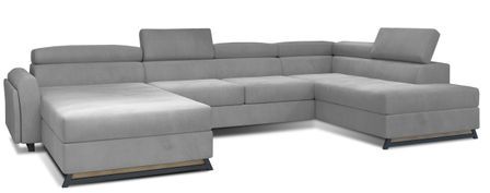 Grand canapé panoramique convertible velours gris clair avec coffre Konba 370 cm