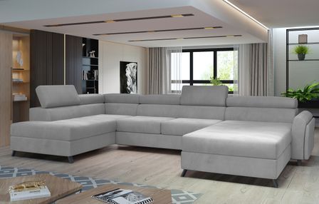 Grand canapé panoramique convertible velours gris clair avec coffre Konba 370 cm