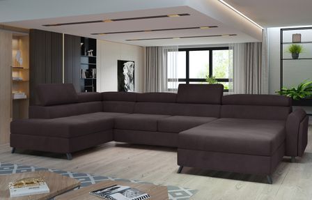 Grand canapé panoramique convertible velours marron avec coffre Konba 370 cm