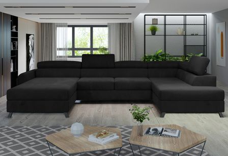 Grand canapé panoramique convertible velours noir avec coffre Konba 370 cm