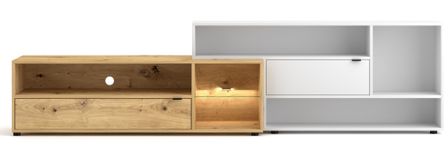 Grand meuble TV 2 portes avec Led bois naturel et blanc Alizé 242 cm