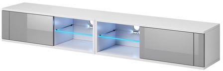 Grand meuble TV à Led 2 portes blanc mat et gris laqué Alka 200 cm