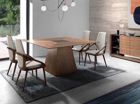 Grande table carrée noyer avec verre teinté noir Matega 150 cm - Finition haut de gamme
