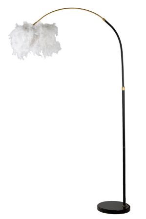 Lampadaire design arqué en métal noir et abat-jour plumes PLUR