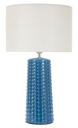 Lampe de table bleue design céramique relief géométrique et abat-jour blanc GLISS