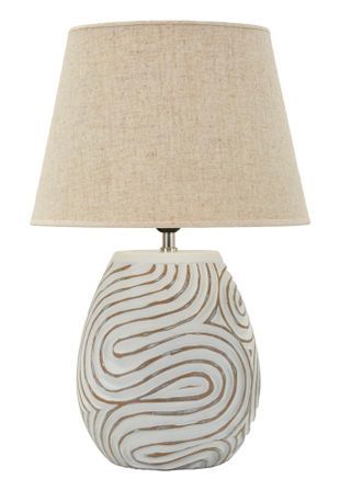 Lampe de table design pied résine gravé et abat-jour gris clair OBLIX