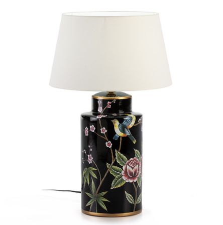 Lampe de table tissu blanc et céramique noir à motif Souly