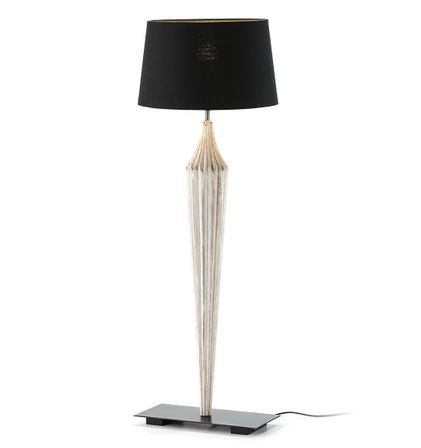 Lampe de table tissu noir et pied acajou massif blanc Ajess