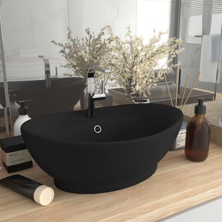 Lavabo ovale de luxe à trop-plein Noir mat 58,5x39 cm Céramique