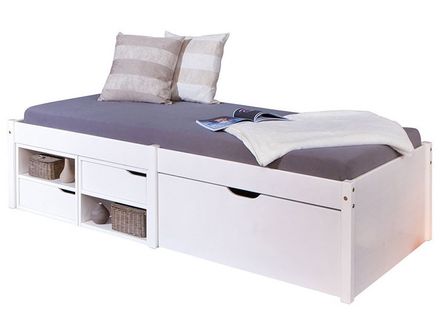 Lit 3 tiroirs 2 niches pin massif blanc Mura 90x200 cm