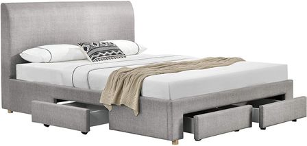 Lit 4 tiroirs 140x190 cm tissu lin gris clair Loina