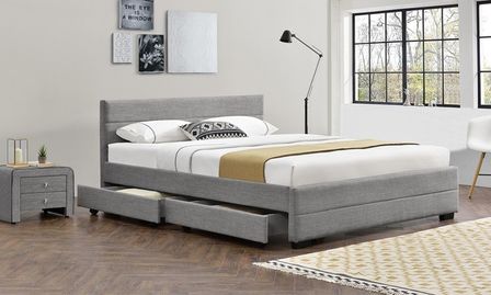 Lit 4 tiroirs 140x190 cm tissu lin gris clair Souba