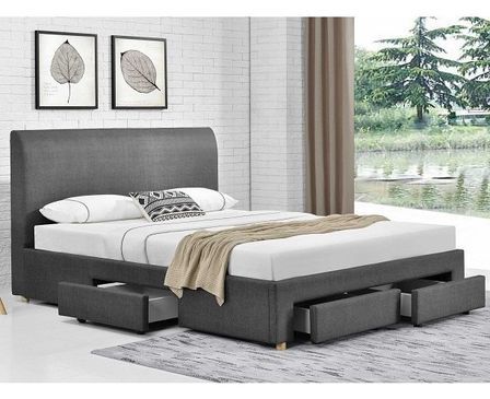 Lit 4 tiroirs 160x200 cm tissu lin gris foncé Loina