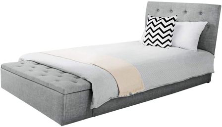 Lit 90x190 cm avec coffre de rangement tissu lin gris clair Boxine