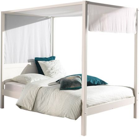 Lit à baldaquin 140x200 cm avec ciel de lit pin massif laqué blanc Pinie