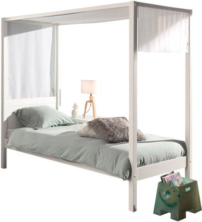 Lit à baldaquin 90x200 cm avec ciel de lit pin massif laqué blanc Pinie