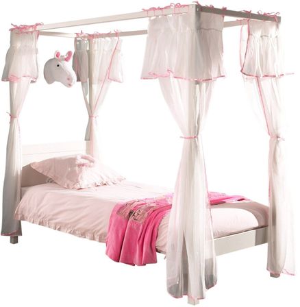 Lit à baldaquin 90x200 cm avec voile pin massif laqué blanc Pinie