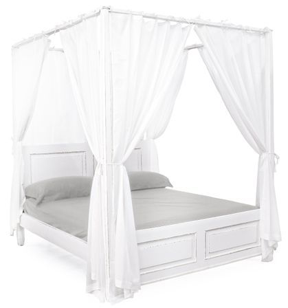 Lit à baldaquin KOLITA 160x200 – Bois massif blanc patiné & rideaux