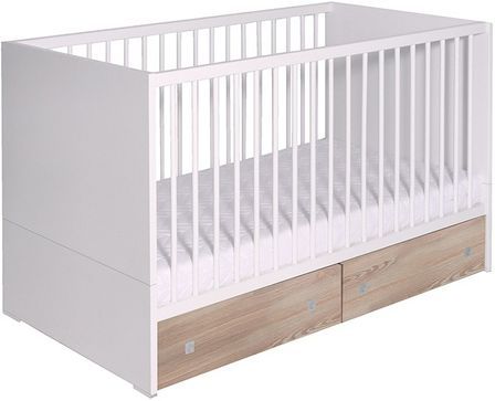 Lit à barreaux et tiroir hêtre massif blanc et clair Clic 70