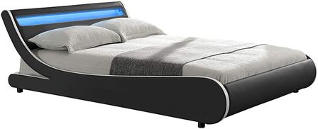 Lit à led 140x190 cm simili cuir noir liseré blanc Dorma