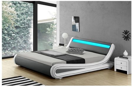 Lit à Led simili cuir gris et blanc liseré gris Say 160