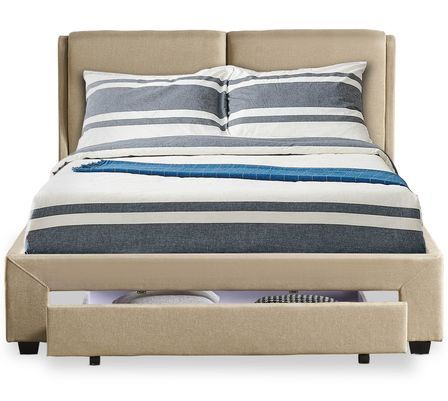 Lit adulte 160x200 cm avec tiroir et sommier tissu beige Frolle