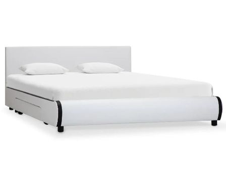 Lit adulte 2 tiroirs simili cuir blanc et pieds bois massif noir Nyam 140x200 cm